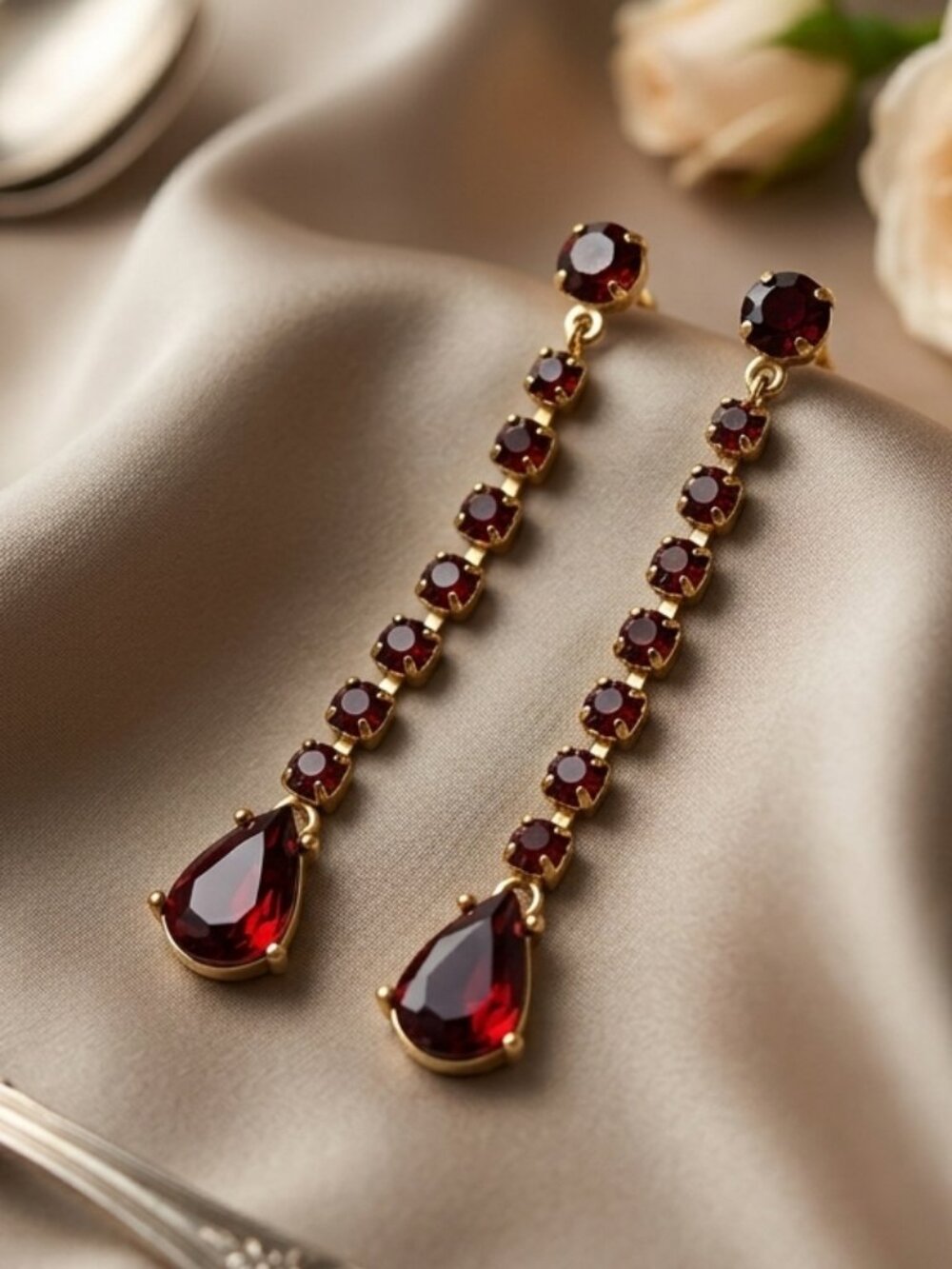 Vintage Avon Garnet Red Rhinestone Dangle Earrings SP NR